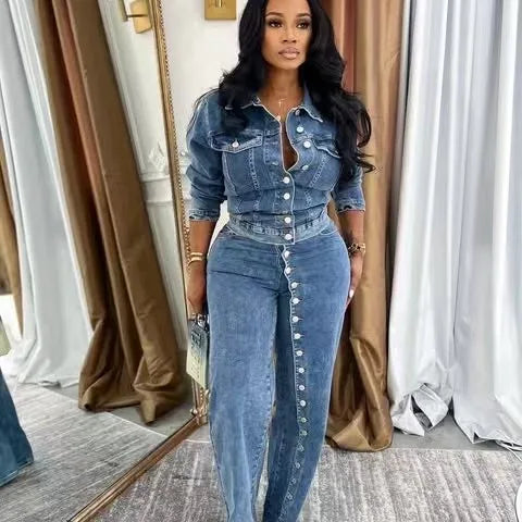 Denim Jacket And Straight Leg Pants Set