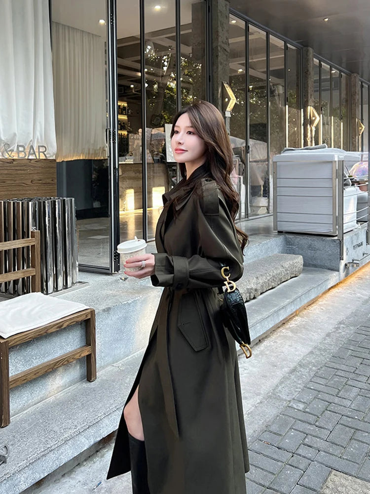 Elegant Turn Down Collar Long Belted Trench Coat for Women