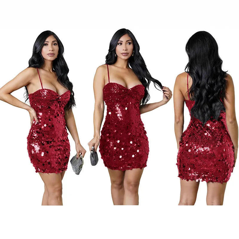 Glitter Sequin Spaghetti Strap Bodycon Mini Dress for Women