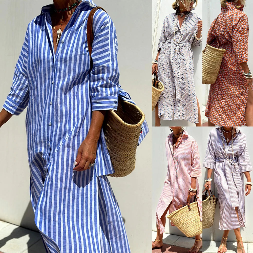 Striped Belted Ankle Length Half Sleeves Lapel Dress for Women