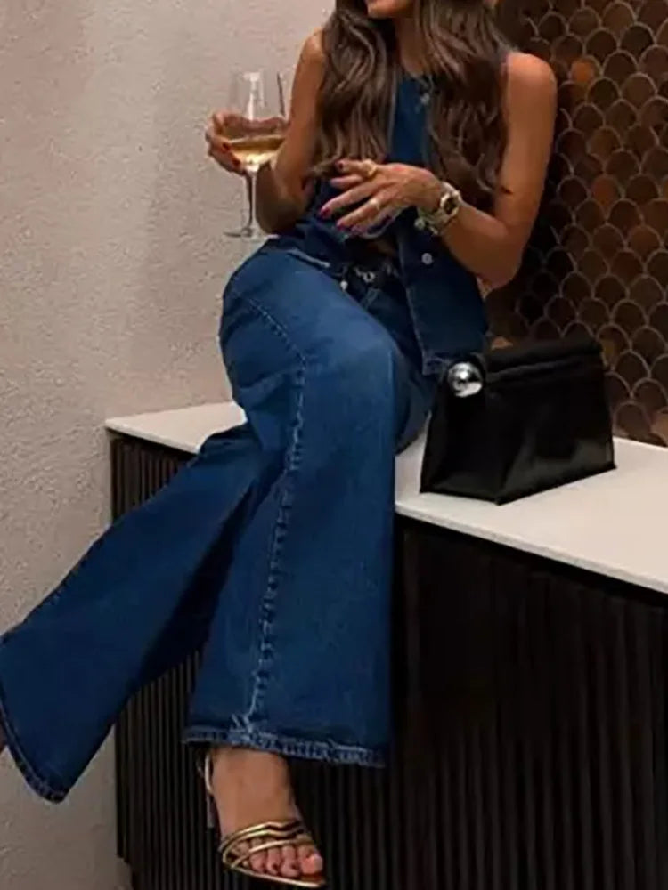 New Denim Style Spring Summer Wide Leg Pants, Women Holiday High Waist Simple Pants, 2025 Pocket Patchwork Solid Ladies Trousers