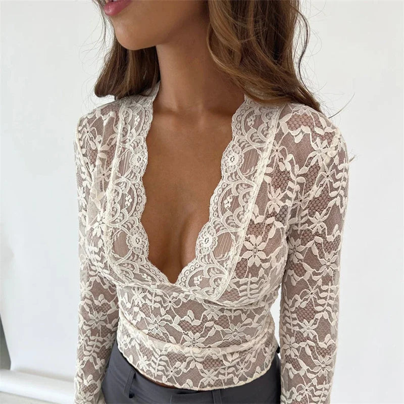 Aesthetic Lace Top Women Sexy Clothing See Through Deep V Neck Flared Long Sleeve T Shirts Party Clothes Clubwear