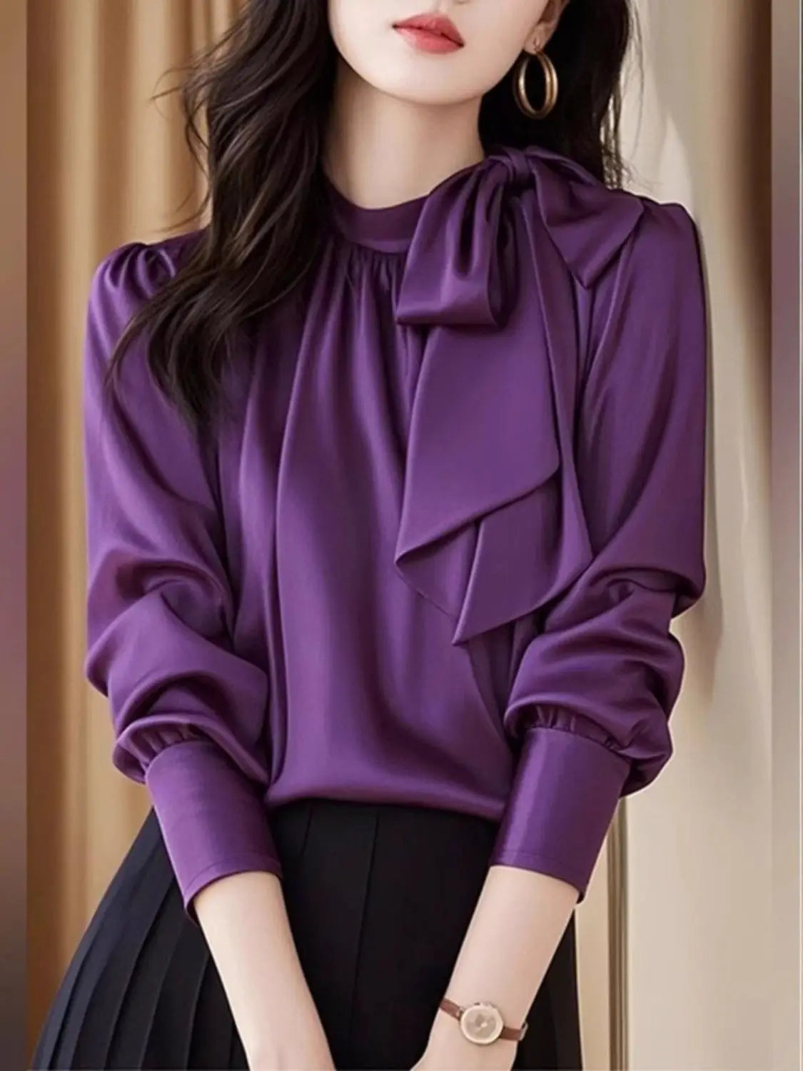 Elegant Purple Satin Blouse With Delicate Bow Accent For Women