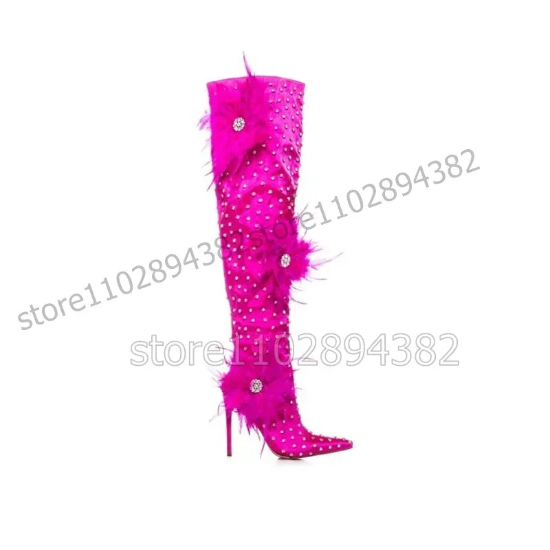 Rose Red Pointy Toe Boots With Thin Heels For Women