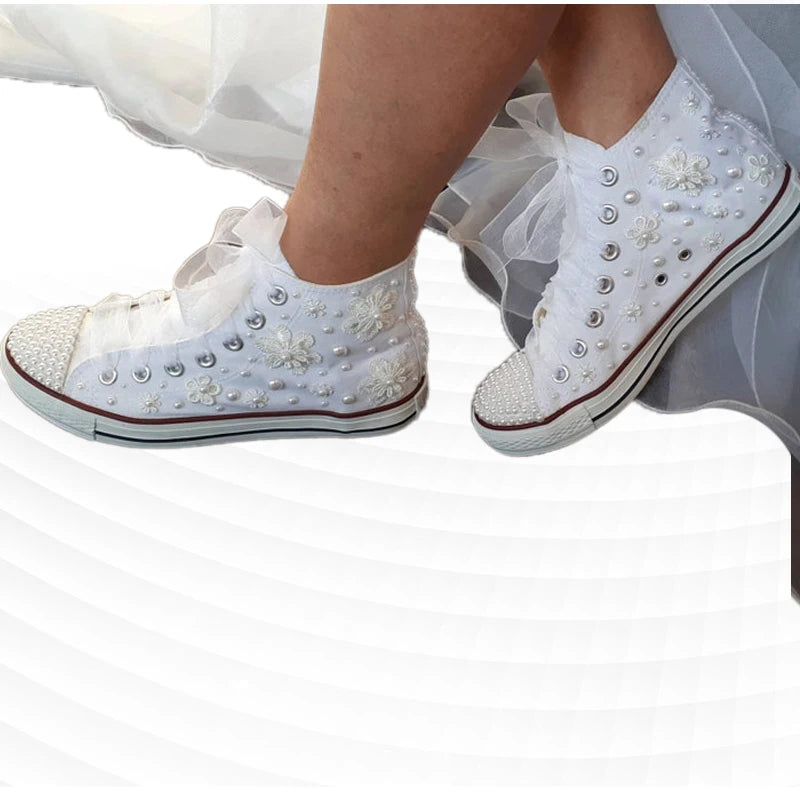 White Pearl Flower Lace-Up Wedding Sneakers for Women