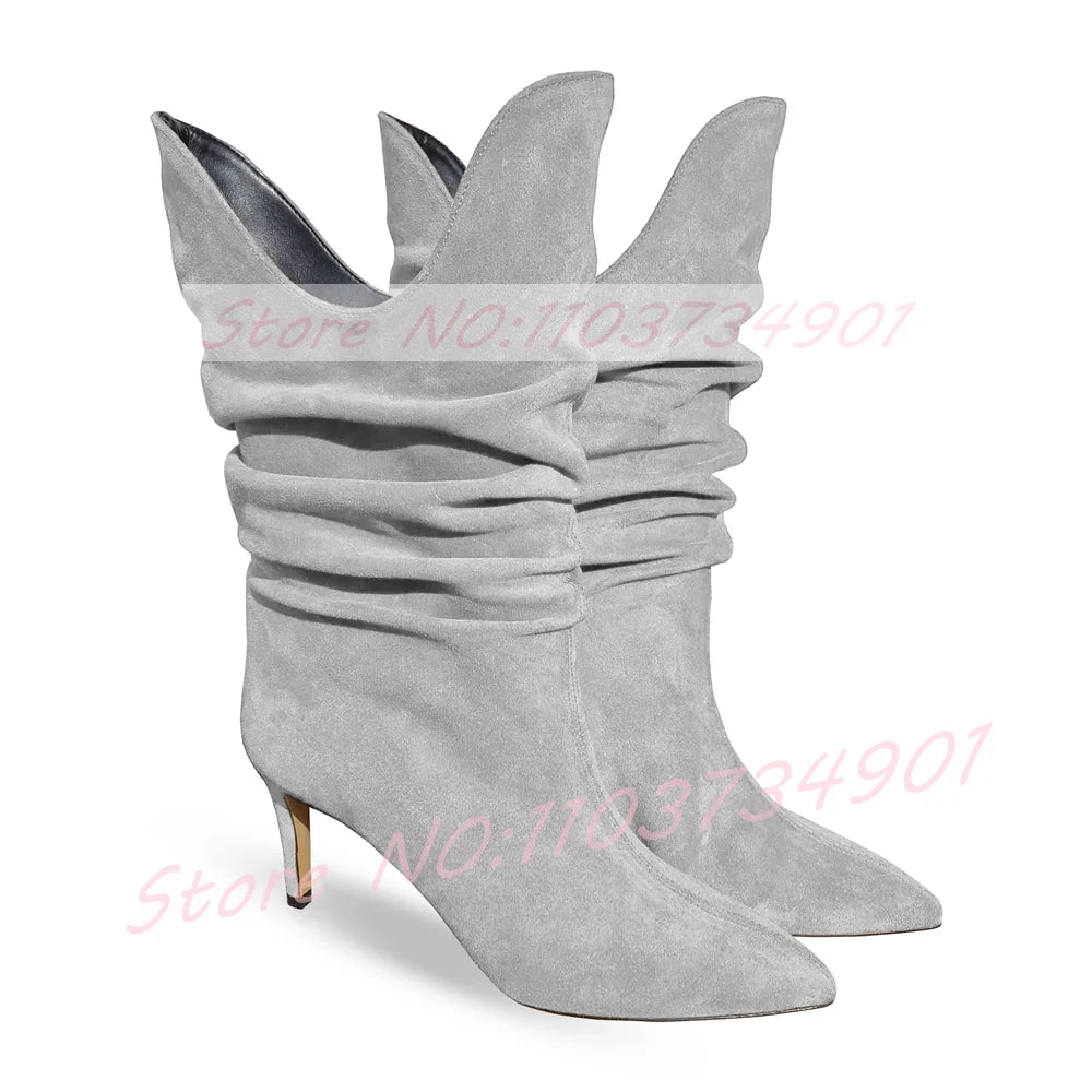 Fuchsia Pleated Pointy Toe High Heel Suede Ankle Boots For Women