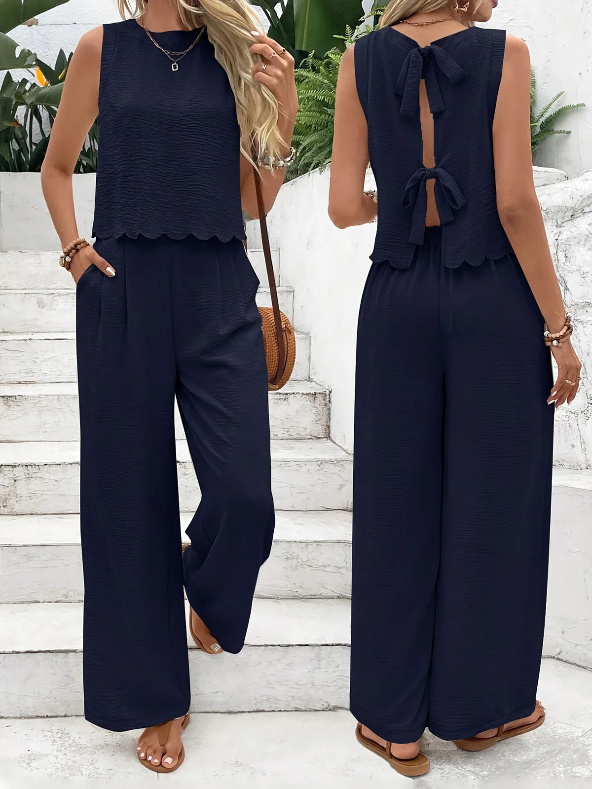 Vintage Hawaiian Print Casual Two-Piece Set for Women