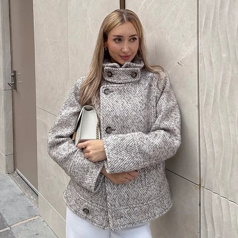 Elegant Print Stand Collar Tailored Long Coat for Women