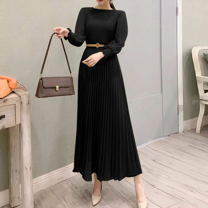 Pleated Lantern Sleeve Maxi Dress