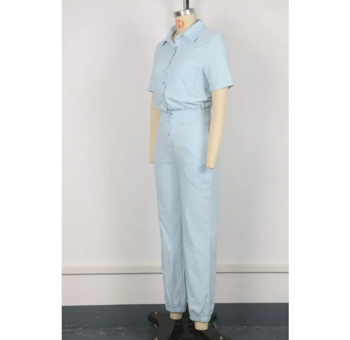 Women's Jumpsuit Summer 2025 Fashion Ankle Tied with A Lapel Pocket and Elastic Buttons At The Waist Short Sleeved Bodysuit Pant