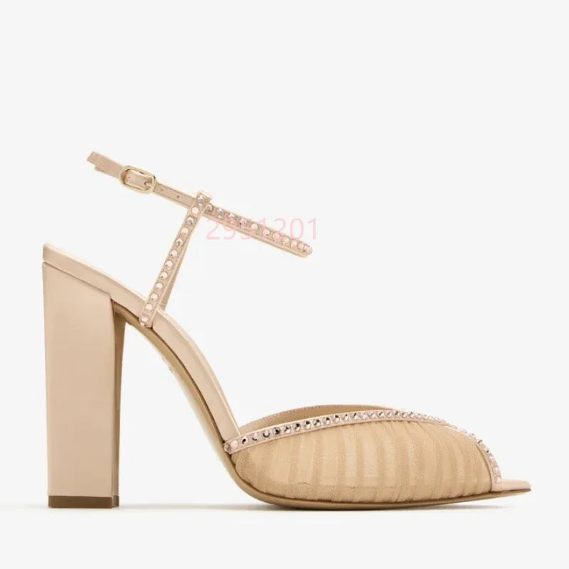 Elegant Crystal Peep Toe Square Chunky Heel Formal Sandals for Women