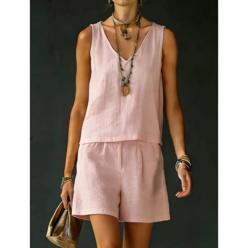 Cotton Linen Summer Casual Vest and Shorts Set for Women