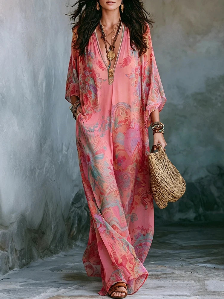 Vintage Print Deep V-Neck A-Line Ankle-Length Dress for Women
