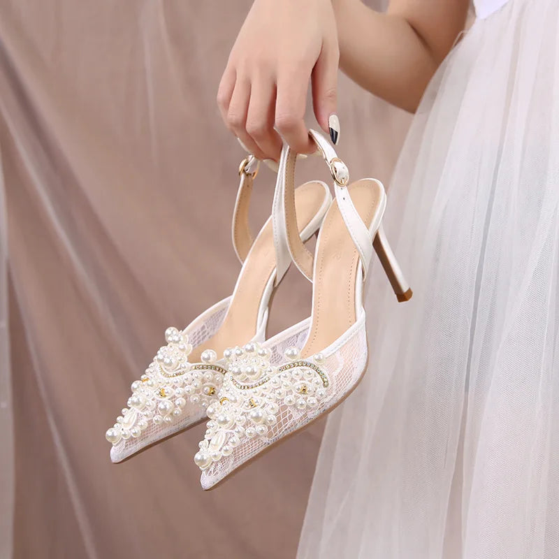 Lace Pearl Beaded Pointed Toe Stiletto Heels for Women