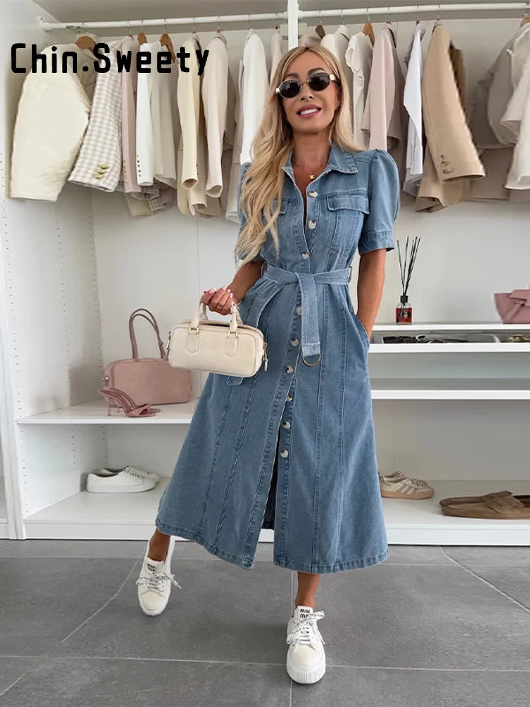 Casual A Line Single Breasted Denim Maxi Dress For Women