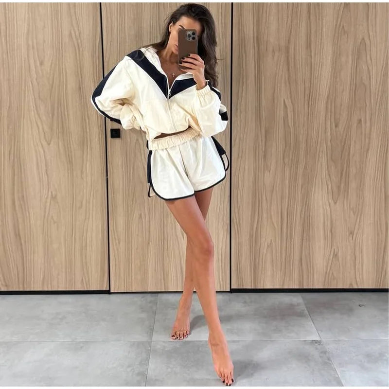 Color Block Zip Jacket and Shorts Tracksuit for Women