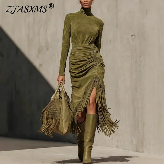 Retro Solid High Waist Tassels Pleated Dress Woman Elegant Turtleneck Irregular Party Dresses Autumn Long Sleeve Slim Sexy Dress