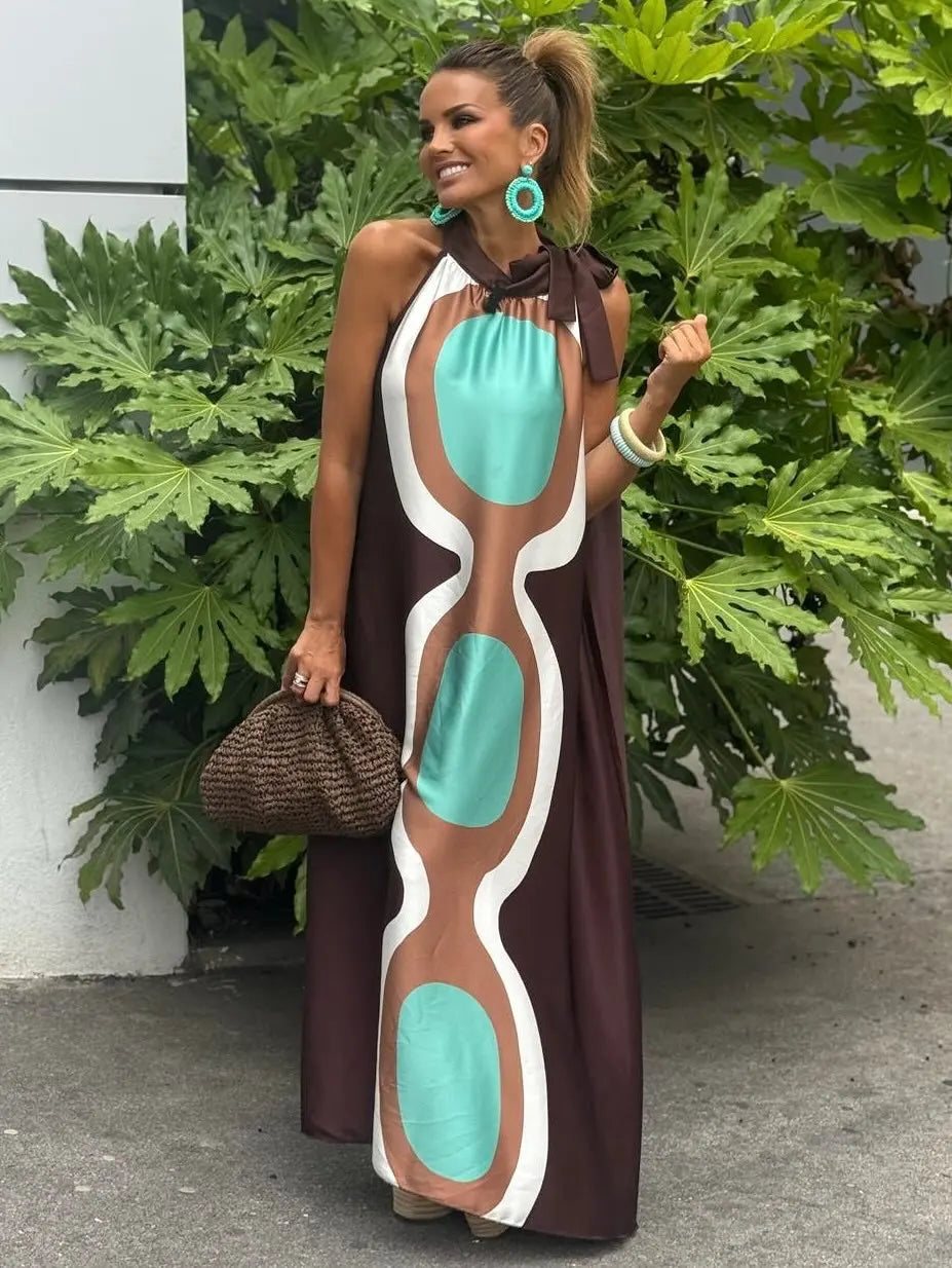 Casual Print Halter Neck Relaxed Fit Maxi Dress for Women