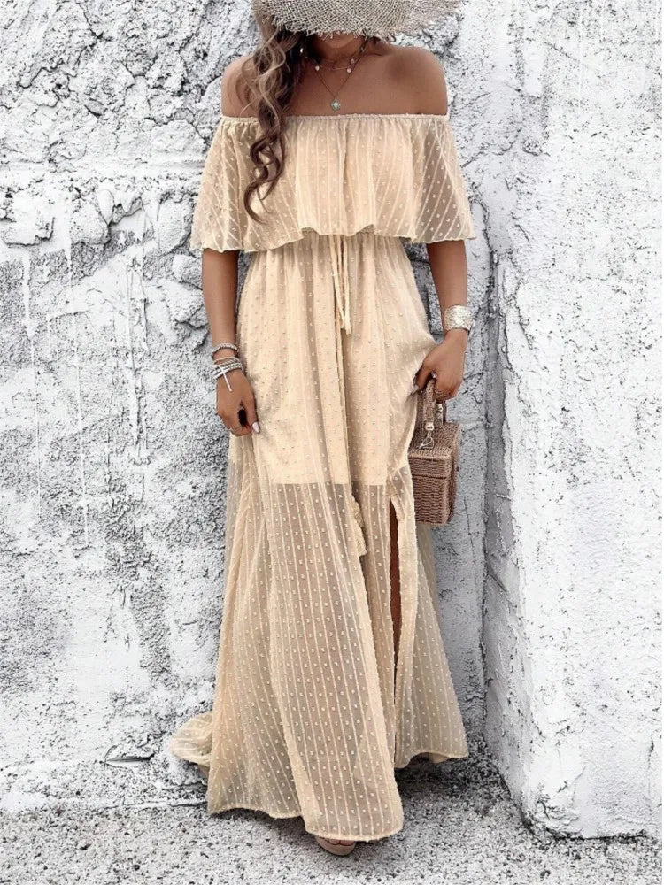 Boho Off Shoulder Short Sleeve Maxi Dress for Women
