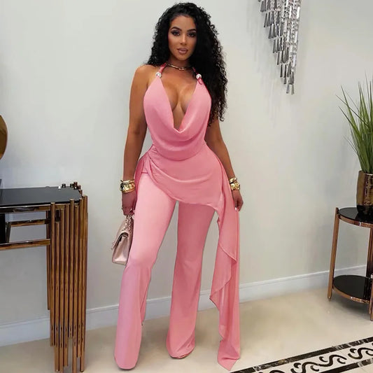 Elegant Chiffon Halter Neck Bodycon Jumpsuit for Women