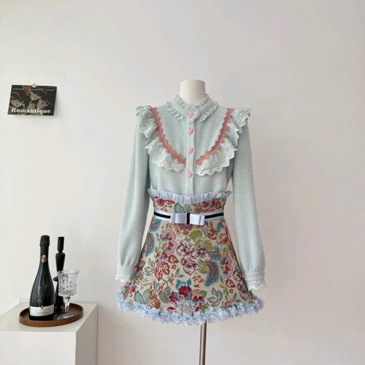 Heart Button Ruffle Shirt Set
