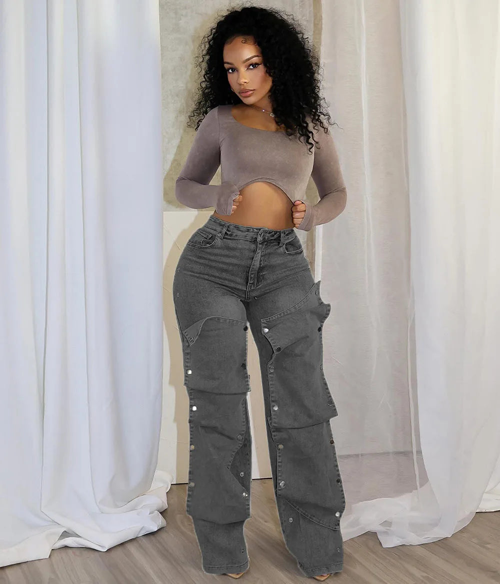 Classic Blue High Waist Straight Cargo Pants for Women