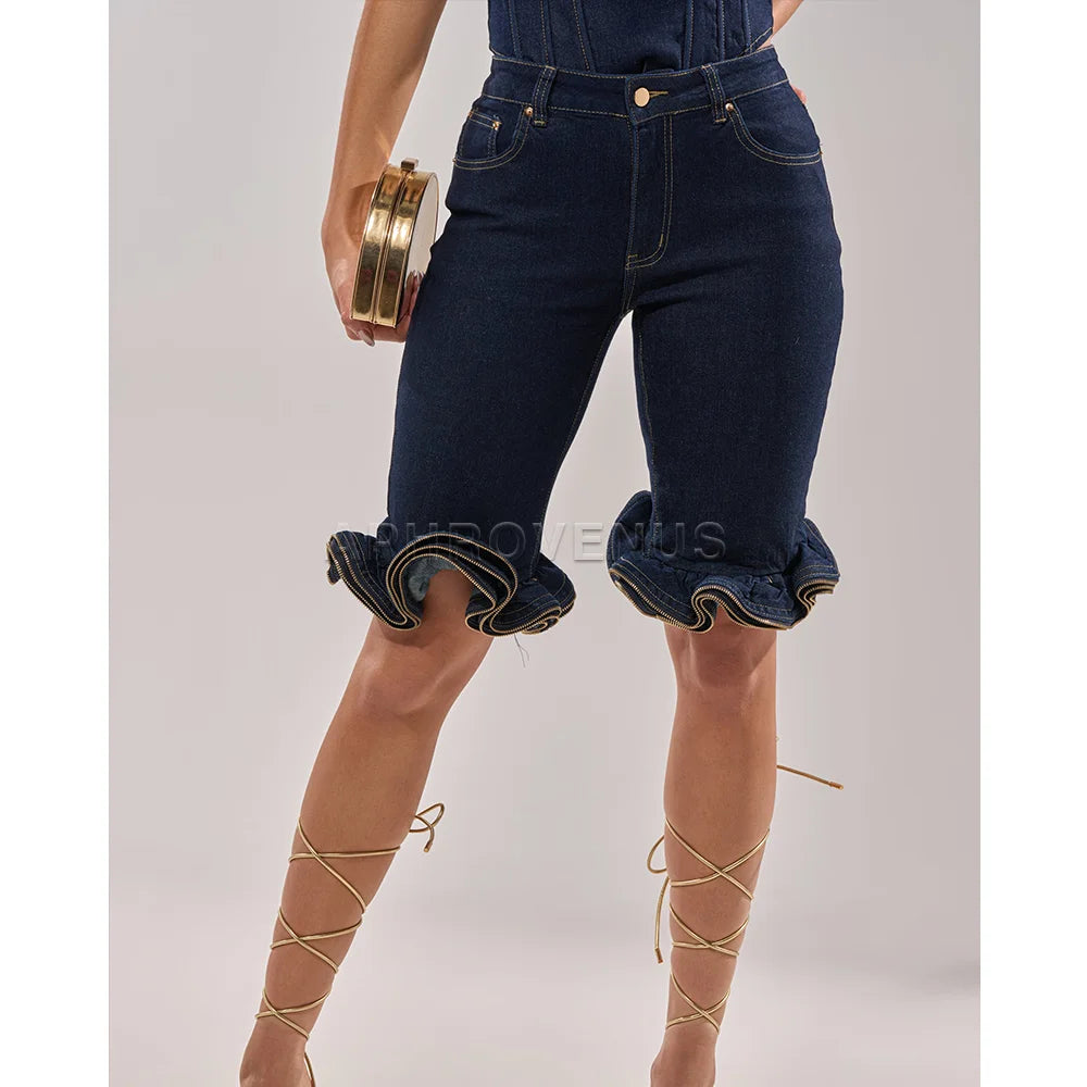 Casual High Waist Ruffle Hem Denim Shorts For Women