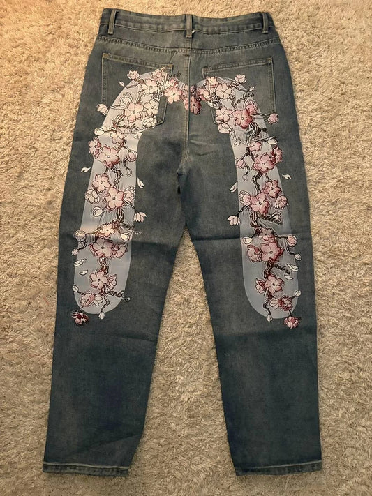 Vintage Cherry Blossom Embroidery Baggy Jeans Women Y2k Harajuku Hip Hop Casual 2000s Wide Trousers American Gothic Streetwear