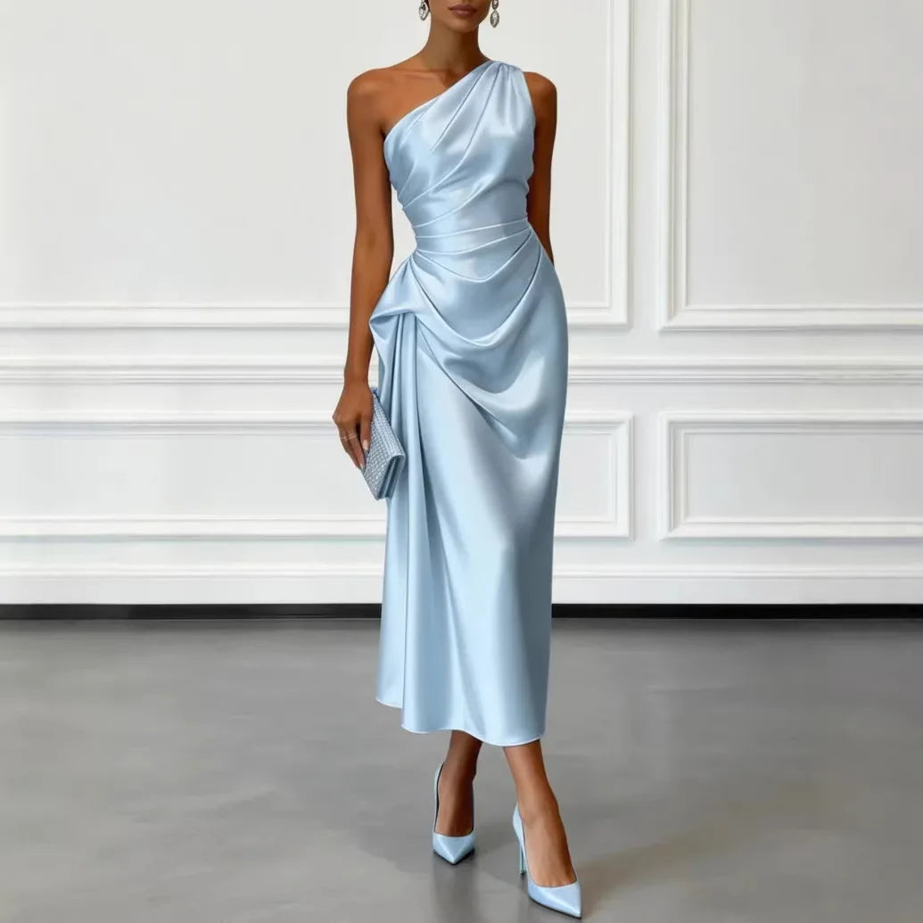 Elegant Satin Sleeveless Evening Party Midi Dress for Women