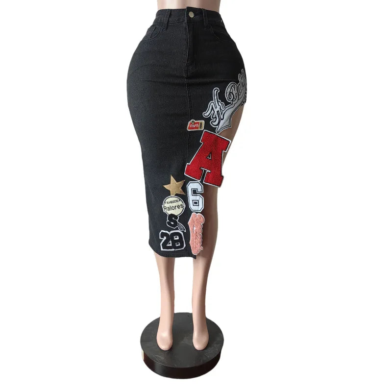 Asymmetrical Letter Embroidery Denim Skirt for Women