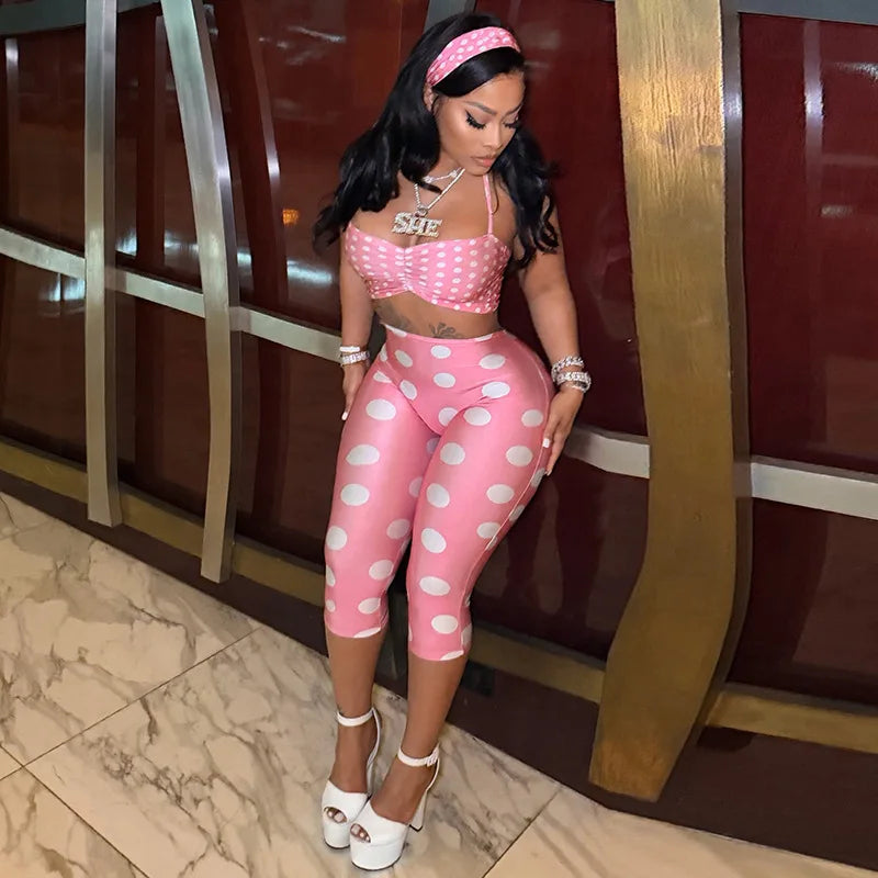 Polka Dot Two Piece Set with Halter Crop Top and Shorts for Women