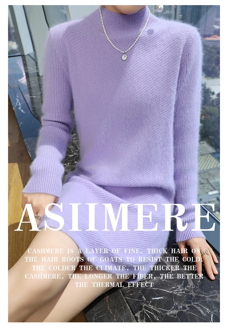 Warm Loose Fit Jacquard Knit High Neck Knee Length Dress for Women