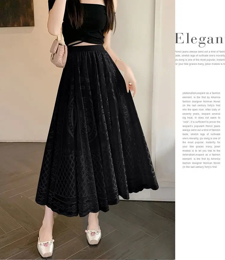 High Waisted Lace A Line Swing Midi Skirt for Women