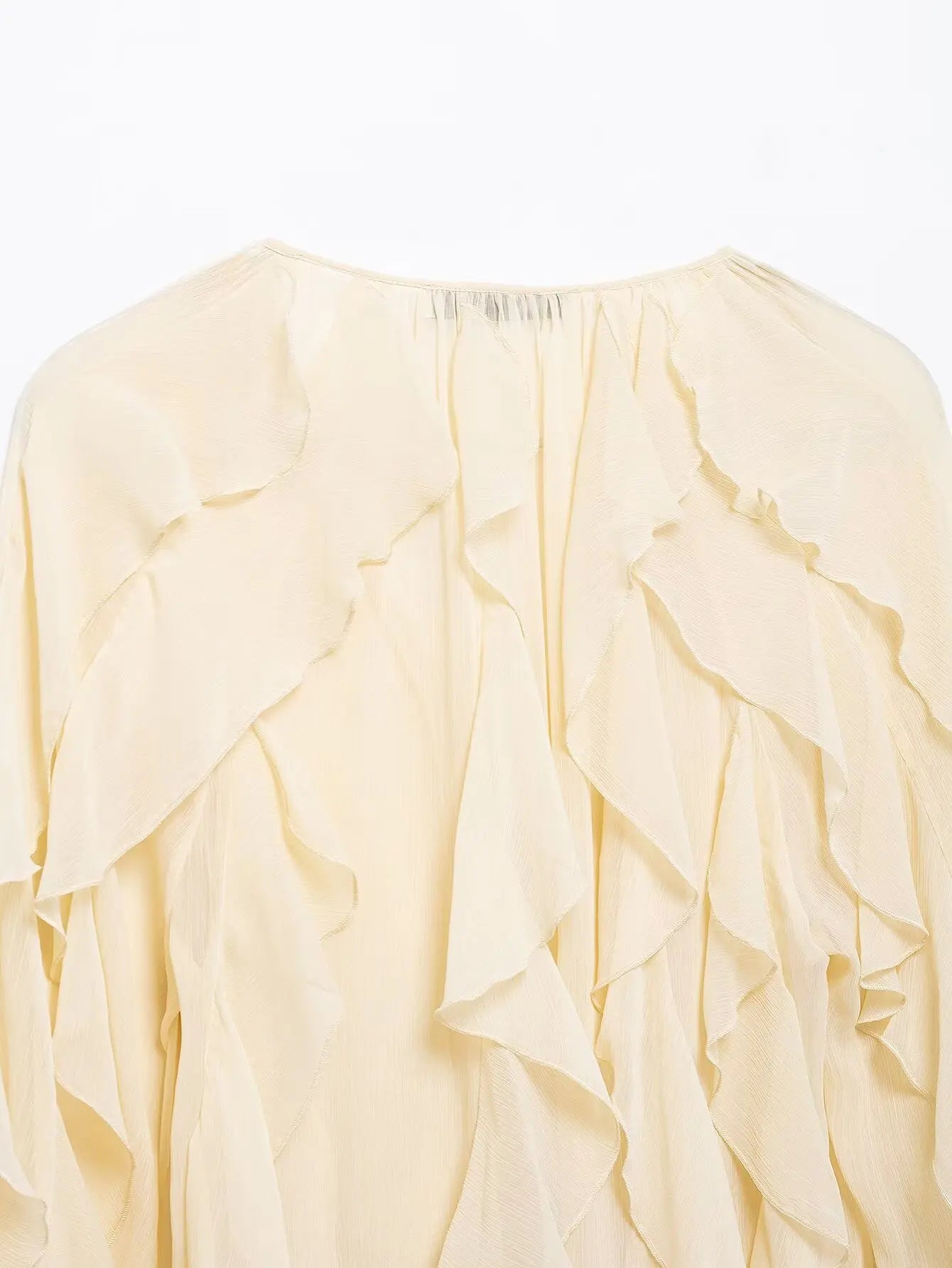 TRAFZA 2025 Women Elegant Solid Ruffles Blouse Spring Female V-Neck Long Sleeved Gauze Shirt Casual Hollow Out Lady Clothes