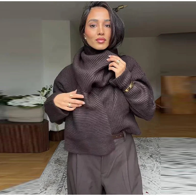 Women 's Sweater Elegant Scarf O-neck Knitted Thicken Full Sleeve Pullovers Female 2025 New Autumn Winter Woman Jacket Knitwear