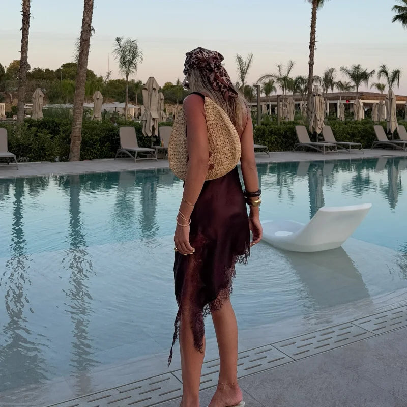 Brown Satin Lace Splicing Sling Dress Women Elegant Irregular Hem V Neck Backless Sleeveless Gown Chic Women Party Club Vestidos