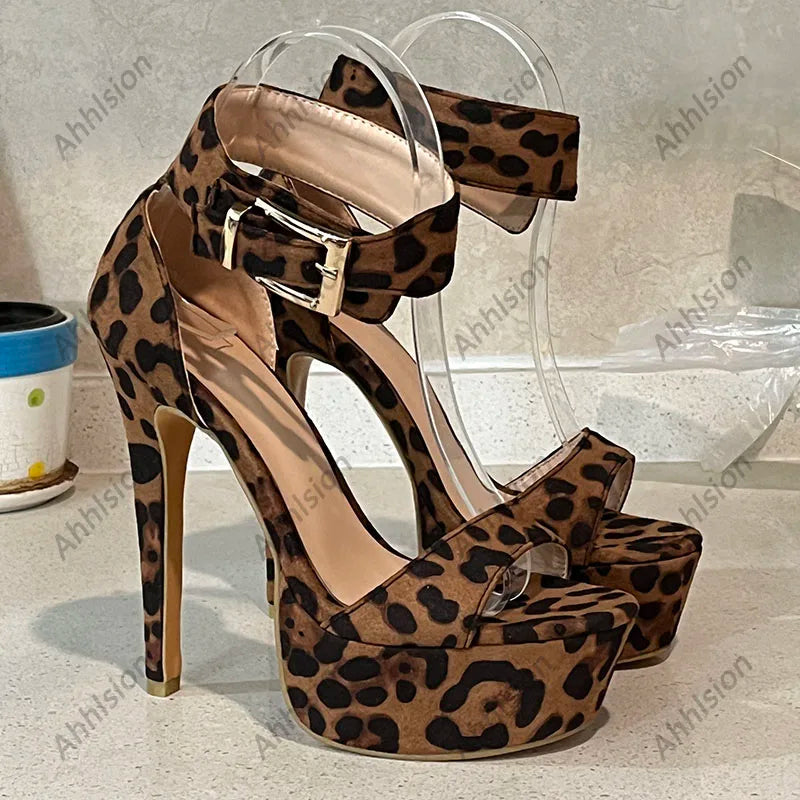 Leopard Print Suede Stiletto Sandals With Buckle For Women