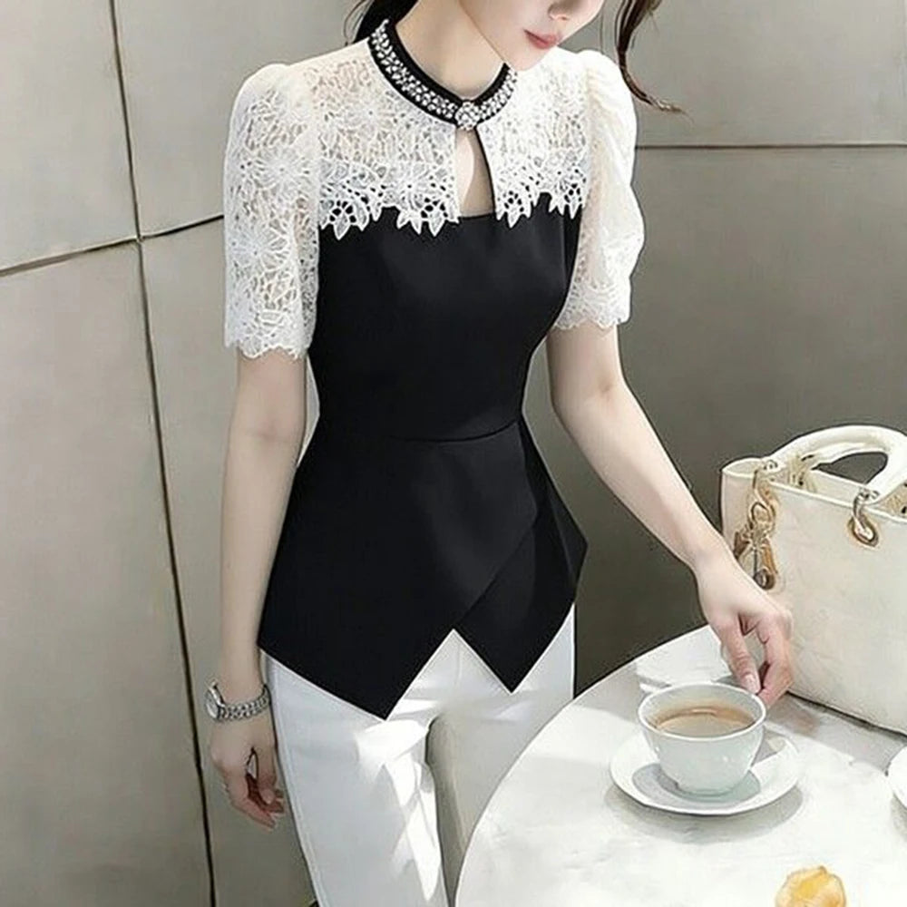 Chic Black Lace Spliced Short Sleeve Summer Shirt For Women