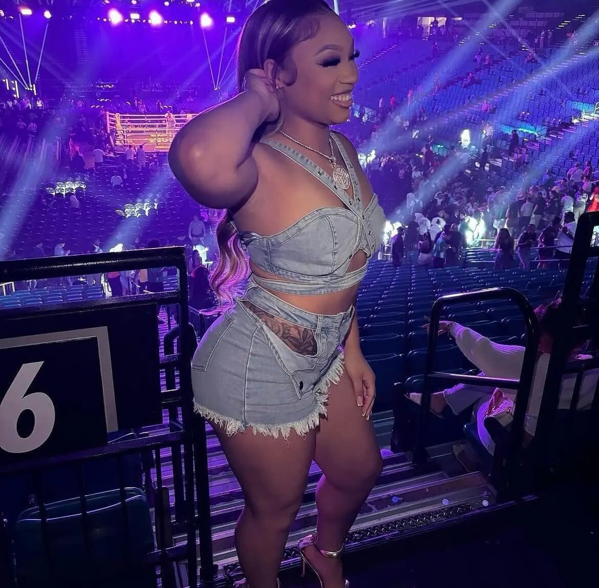 Hollow Out Denim Shorts Matching Two Piece Set for Women