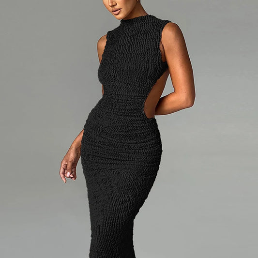 Sexy Asymmetric Split Slim Long Dress Women Fashion Backless Pleats A-line Dress Simple Solid Color O-neck Sleeveless Vest Dress