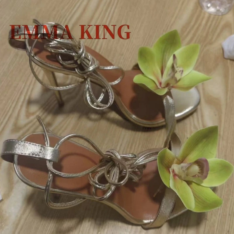 Metallic Gold Ankle Strap Floral Lace Up High Heel Sandals For Women