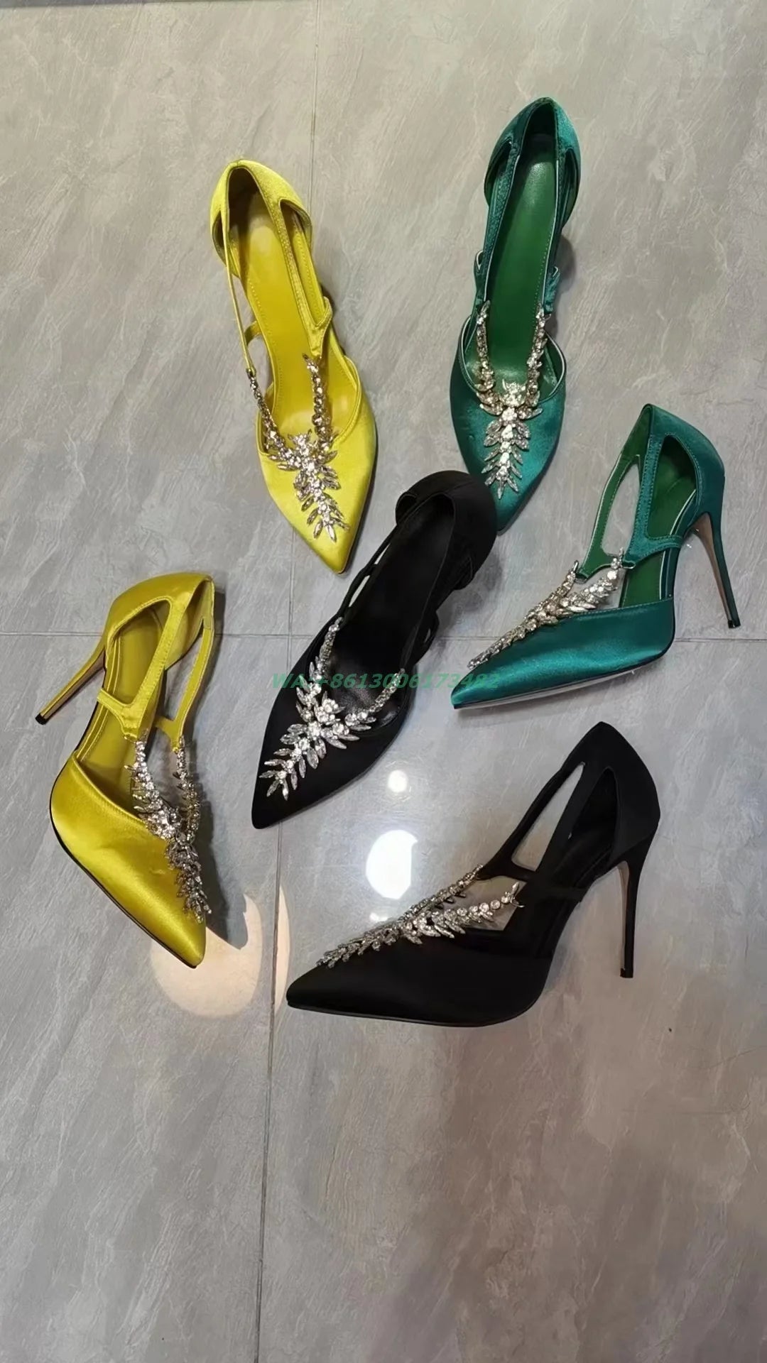 Satin Rhinestone Pointed Toe Stiletto Pumps For Women