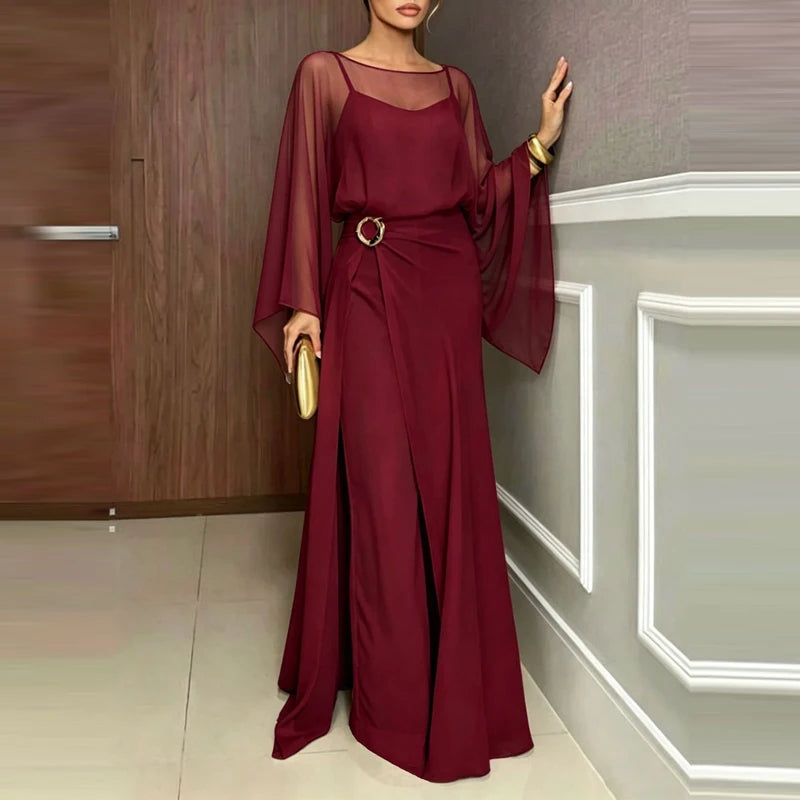 Elegant O-neck Cover Up Playsuit Match Off Shoulder Romper Women Fashion Chiffon Overalls Long Sleeve Solid Wide Legger Jumpsuit