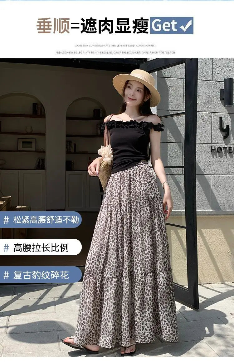 Vintage Leopard Print Tiered Maxi Skirt For Women