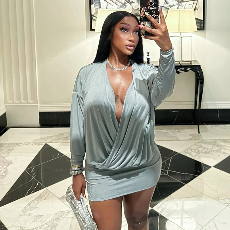 Solid Color Long-Sleeved V-Neck Mini Dress for Women