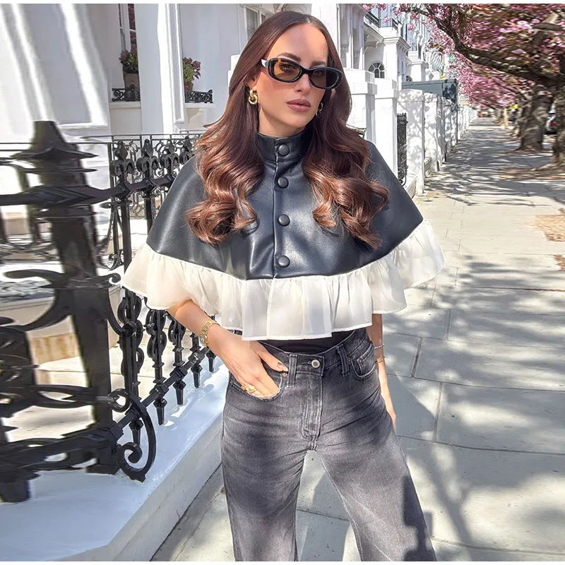 Elegant Mesh Patchwork Short Cape Coat With Stand Collar for Women