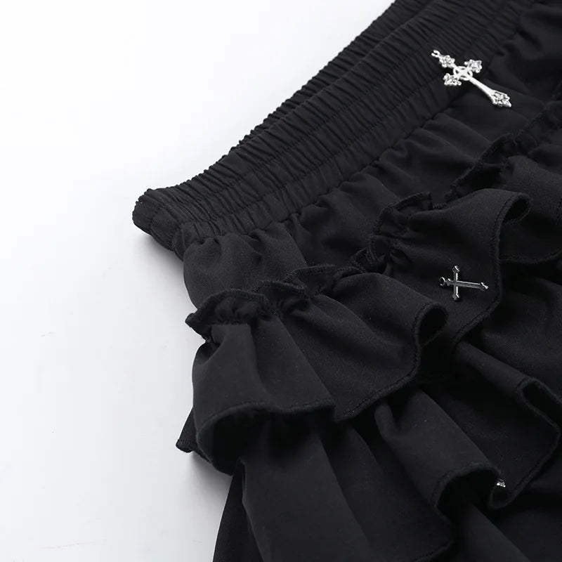 FAGADOER Punk Gothic Sexy Fur Leather Patchwork 2 Pieces Set for Woman Sleeveless Backless Tops and Bubble Puff Skirt Streetwear