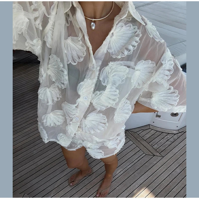 Elegant 3D Flower Lapel Long Sleeve Shirt for Women