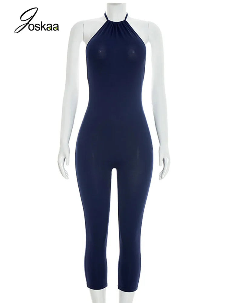 Backless Ruched Halter Neck Capri Jumpsuit for Women
