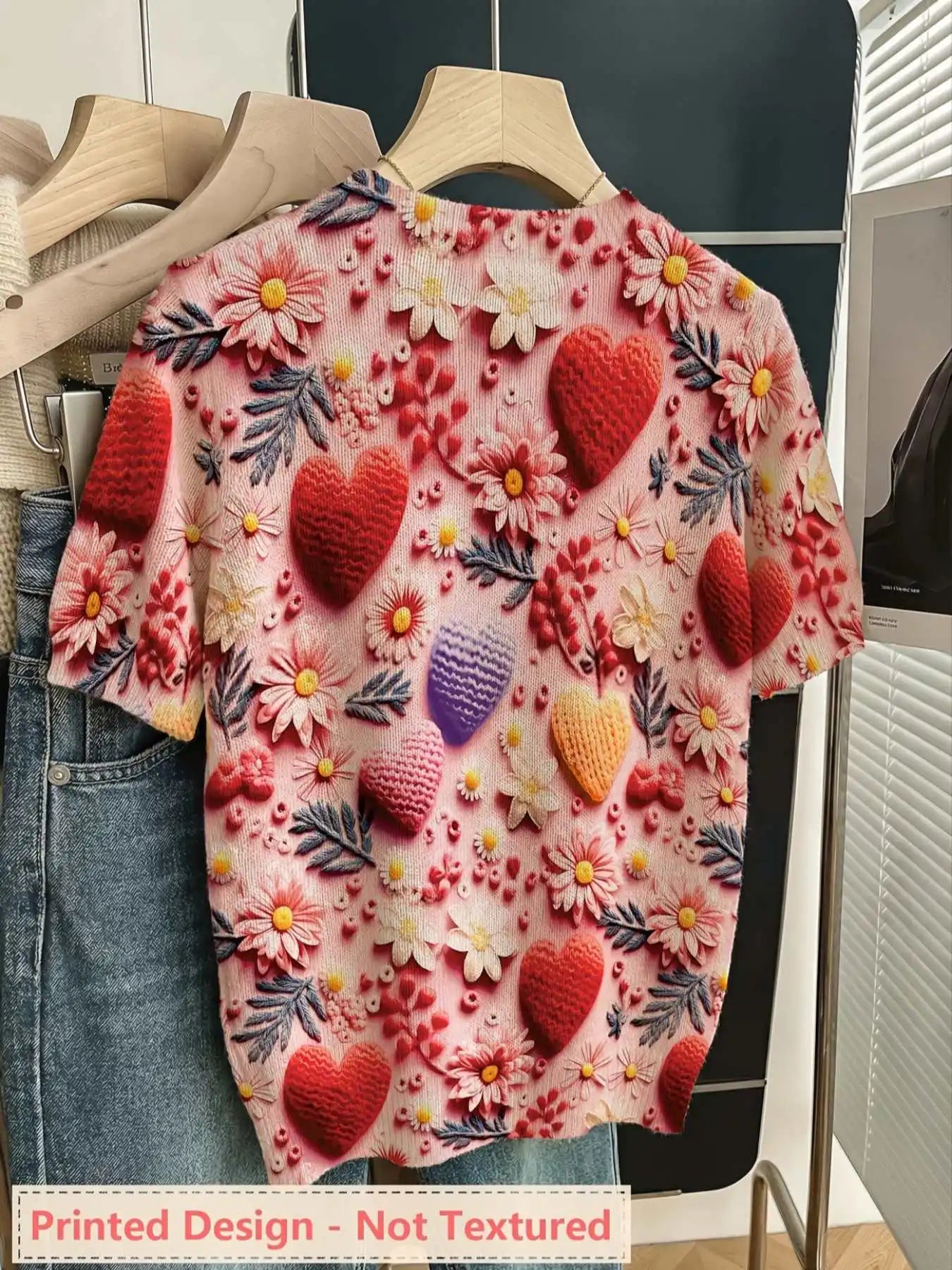 Printed Design Round Neck Short Sleeve Pullover Top for Women